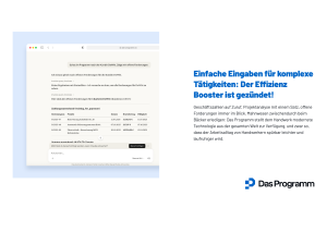 Werbegrafik von Das Programm mit Chat-Screenshot zu offenen Forderungen einer Kundin und dem Slogan „Einfache Eingaben für komplexe Tätigkeiten: Der Effizienz Booster ist gezündet!