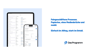 Werbegrafik von Das Programm mit Tablet- und Smartphone-Ansicht der Kundenverwaltung samt Projekten, Terminen und Adressdaten sowie dem Slogan „Feingeschliffene Prozesse. Papierlos, ohne Medienbrüche und mobil. Einfach im Alltag, stark im Detail."