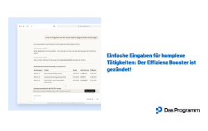 Werbegrafik von Das Programm mit Chat-Screenshot zu offenen Forderungen einer Kundin und dem Slogan „Einfache Eingaben für komplexe Tätigkeiten: Der Effizienz Booster ist gezündet!
