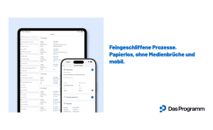 Werbegrafik von Das Programm mit Tablet- und Smartphone-Ansicht der Kundenverwaltung samt Projekten, Terminen und Adressdaten sowie dem Slogan „Feingeschliffene Prozesse. Papierlos, ohne Medienbrüche und mobil."