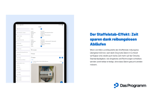 Werbegrafik von Das Programm mit Tablet-Ansicht einer Kundenakte inklusive Rechnungsstatus, Dateien und Baustellenfoto sowie dem Slogan „Der Staffelstab-Effekt: Zeit sparen dank reibungslosen Abläufen".